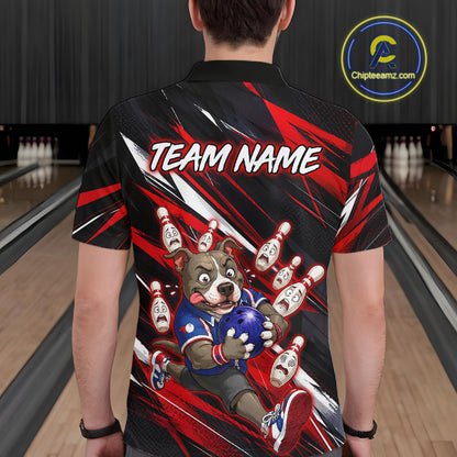 Man wearing custom red pit bull bowling polo shirt, back view mockup, personalized bowling league jersey.