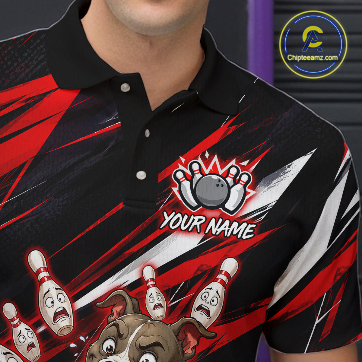 Close-up collar view of custom red pit bull bowling polo shirt with personalized name detail.