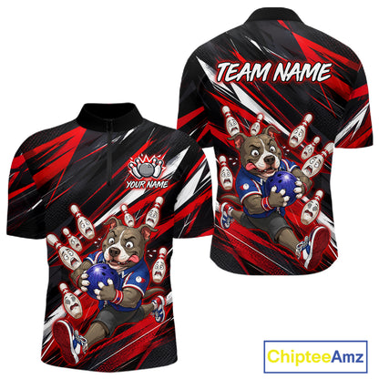 Custom red pit bull bowling quarter-zip shirt, front and back views, bowling league jersey for men