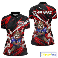 Load image into Gallery viewer, Custom red pit bull bowling quarter-zip shirt, front and back views, bowling league jersey for men