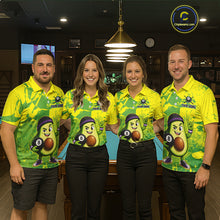 Load image into Gallery viewer, Four people wearing matching green and yellow bowling shirts with a logo in a bowling alley.