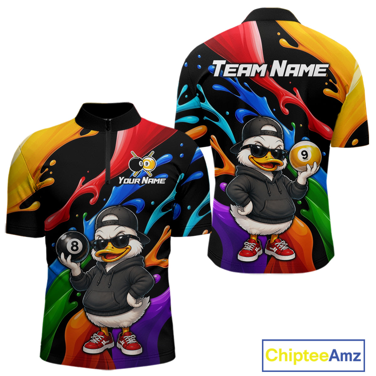 Custom short-sleeve collared athletic jersey shown from the front and back, featuring a colorful rainbow paint-splatter design, a cartoon duck wearing a black hoodie and sunglasses, and customizable text areas including 'Team Name' and 'Your Name'.