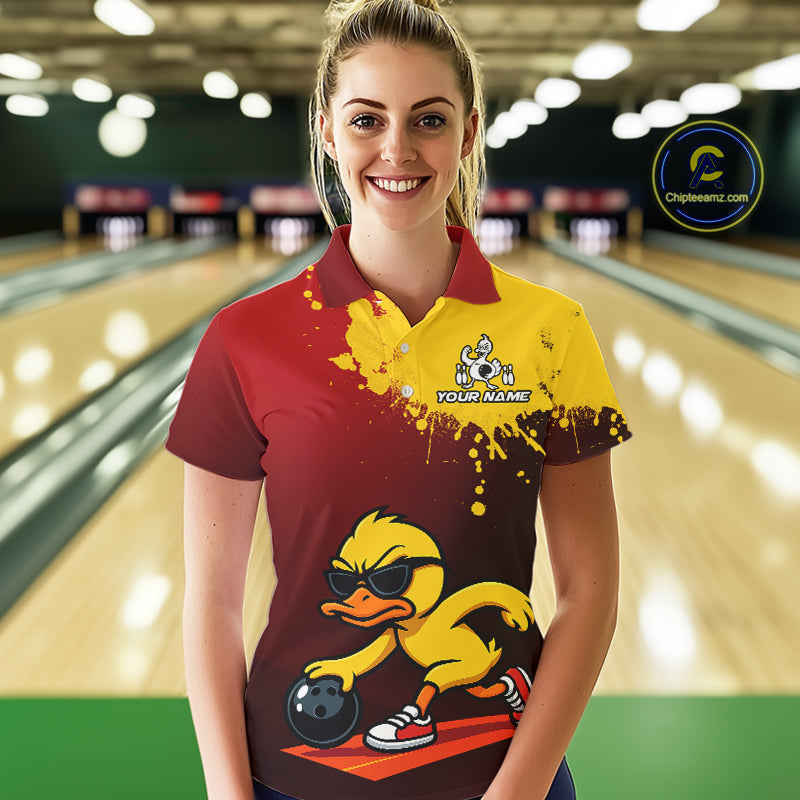 Custom Funny Duck Bowling Shirt for Women Red & Yellow Bowling Jersey Polo & 1/4 Zip QZT791