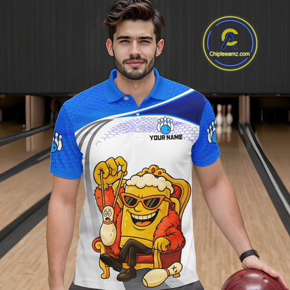 Custom Funny Blue Beer Polo Bowling Team Shirt for Men Quarter-Zip Bowling Jersey Outfit QZT820