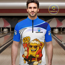 Load image into Gallery viewer, Custom Funny Blue Beer Polo Bowling Team Shirt for Men Quarter-Zip Bowling Jersey Outfit QZT820