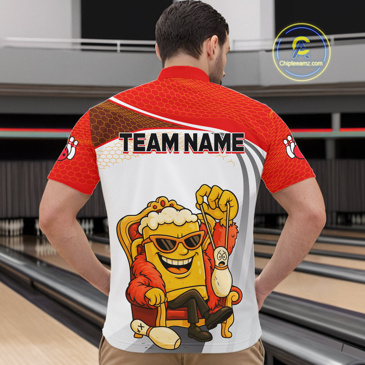 Custom Funny Red Beer Polo Bowling Team Shirt for Men Quarter-Zip Bowling Jersey Outfit QZT820