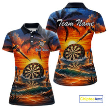 Load image into Gallery viewer, Custom Dart Team Shirts for Women Polo &amp; 1/4 Zip Dart Jersey Sunset Tropical Design Dartboard Shirt DHT30