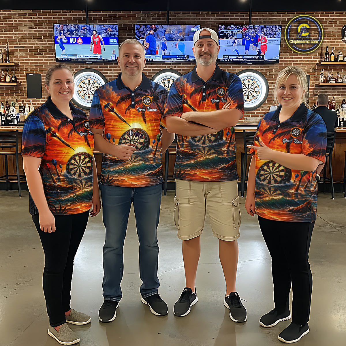 Custom Dart Team Shirts for Women Polo & 1/4 Zip Dart Jersey Sunset Tropical Design Dartboard Shirt DHT30