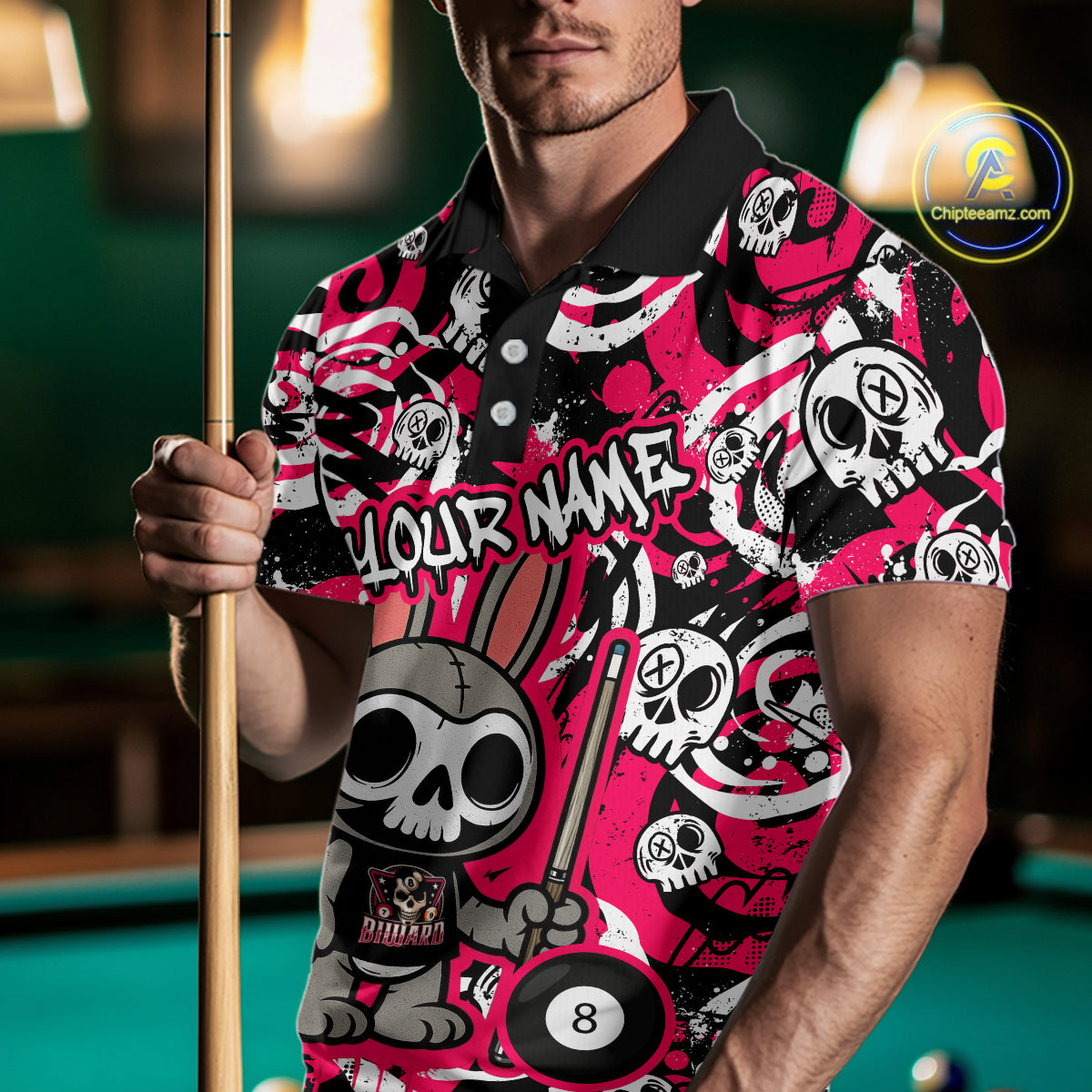 Custom Pink Skull Bunny Billiard Shirt for Men Gothic Billiard Team Jersey Polo & Quarter-Zip BHT30