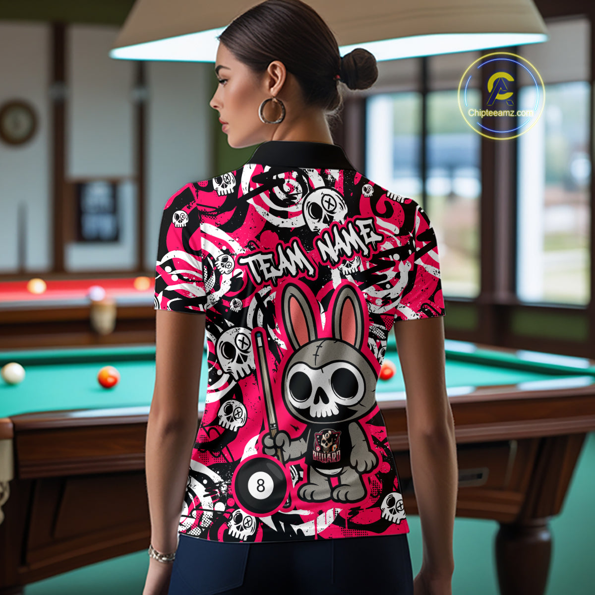 Custom Pink Skull Bunny Billiard Shirt for Women Gothic Billiard Team Jersey Polo & Quarter-Zip BHT30