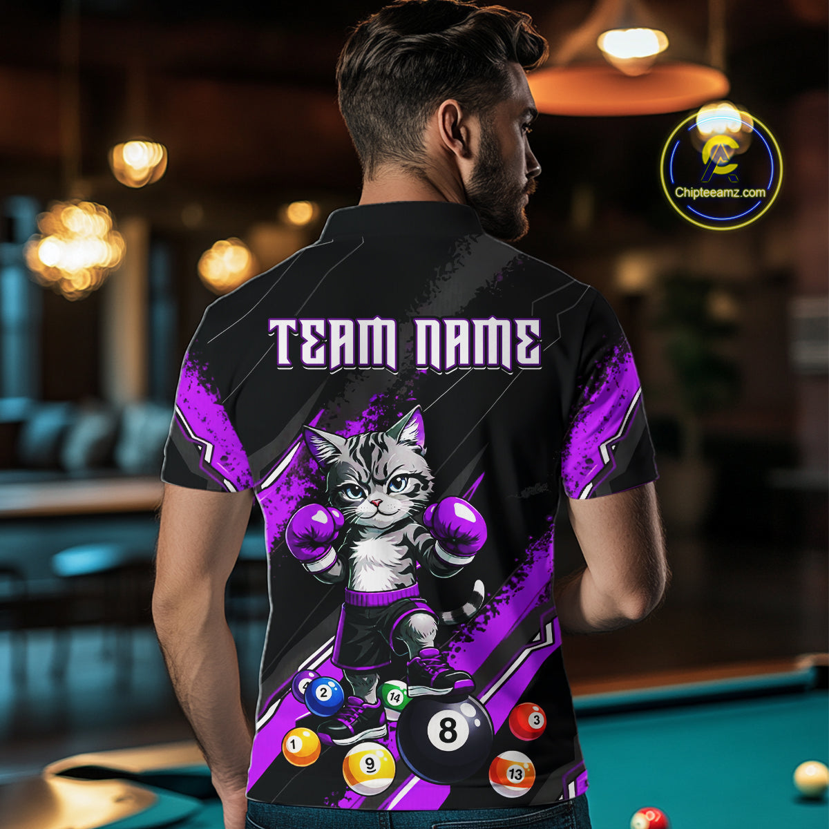 Custom Funny Purple Cat 8 Ball Billiard Shirts for Men Billiard Team Jersey Polo & 1/4 Zip Pool Shirt BHT32