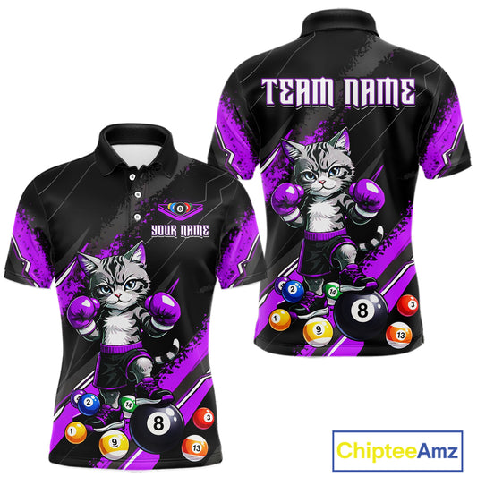 Custom Funny Purple Cat 8 Ball Billiard Shirts for Men Billiard Team Jersey Polo & 1/4 Zip Pool Shirt BHT32