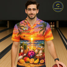 Load image into Gallery viewer, Man wearing a colorful beach-themed shirt with a bowling alley background