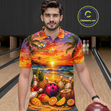 Load image into Gallery viewer, Man wearing a colorful polo shirt with a beach and bowling design in a bowling alley.