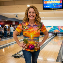 Load image into Gallery viewer, Woman wearing a colorful bowling shirt with a scenic design in a bowling alley.