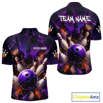 Front and back views of a short-sleeve button-up shirt with a bowling-themed graphic print. The design features a large purple bowling ball, white bowling pins, and an abstract purple, black, and orange background.