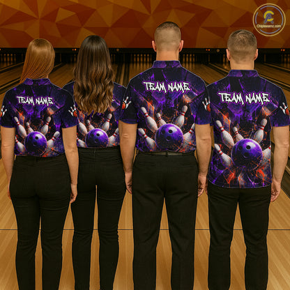 Four people standing from the back in a bowling alley, wearing matching custom bowling shirts with a purple and black space-themed bowling graphic and 'TEAM NAME' printed on the back.