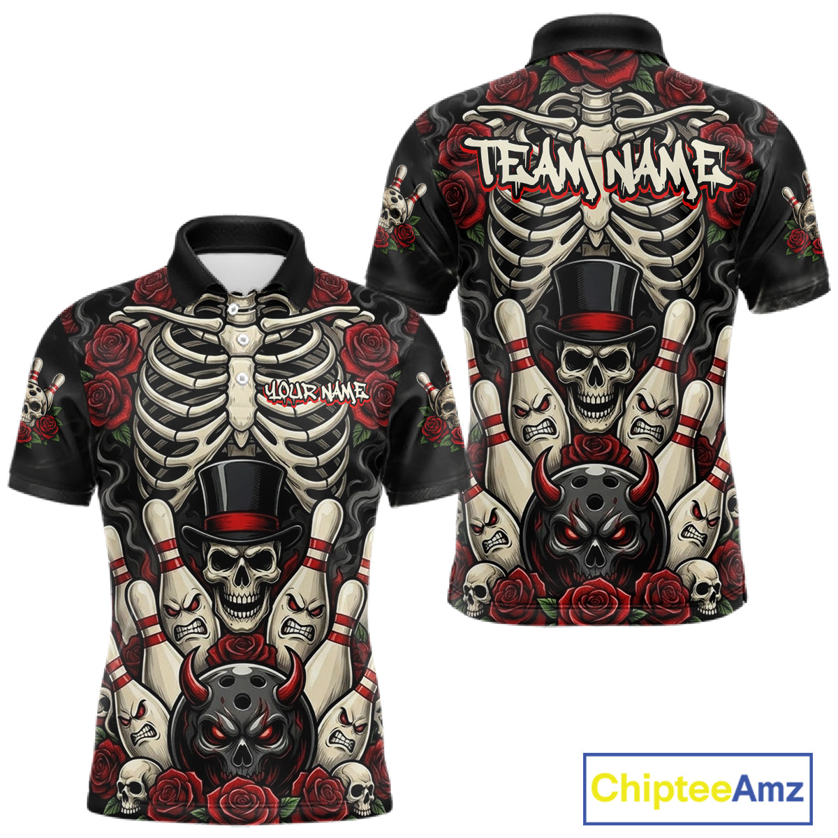 A short-sleeve collared shirt shown from both front and back, featuring an all-over graphic print of skulls, skeletons, red roses, and devil masks on a black background. The front has placeholder text reading 'YOUR NAME', and the back has 'TEAM NAME'.
