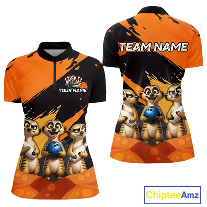 Front and back views of a short-sleeve polo shirt featuring cartoon meerkats, orange and black brushstroke graphics, customizable text fields, and a ChipteeAmz logo on a white background.
