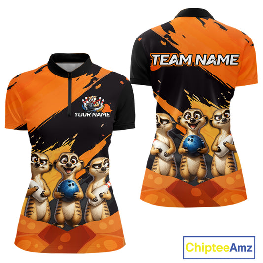 Front and back views of a short-sleeve polo shirt featuring cartoon meerkats, orange and black brushstroke graphics, customizable text fields, and a ChipteeAmz logo on a white background.