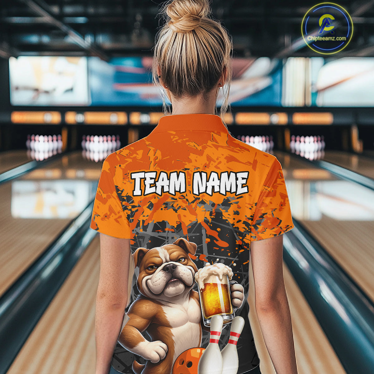 Orange Bull Dog & Beer Bowling Shirt for Women Custom Bowling Team Jersey Bowling Outfit QZT998