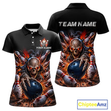 Load image into Gallery viewer, Black polo shirt with a skull and bowling design, featuring 'Your Name' and 'Team Name' text on a white background.