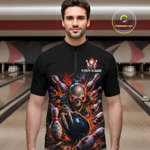 Load image into Gallery viewer, Man wearing a black quarter-zip jersey with a graphic design of a skull and bowling pins in a bowling alley.