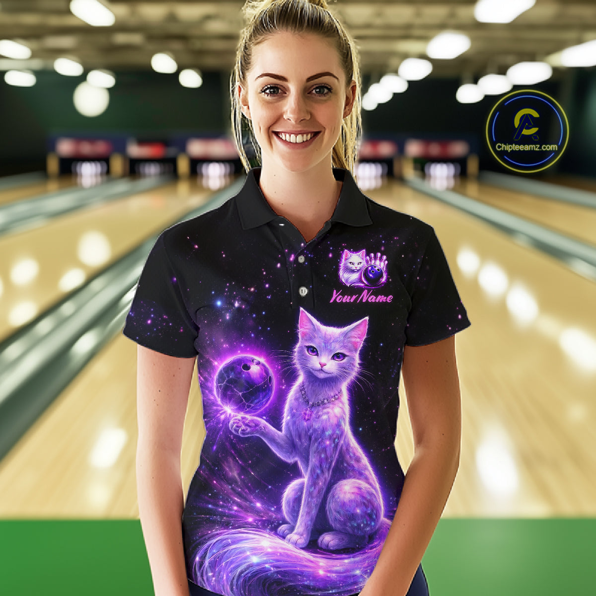 Cat Aurora Galaxy Bowling Shirt  for Women Custom Neon Glow Bowling Jersey Polo & Quarter-Zip QZT968