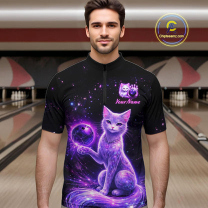 Cat Aurora Galaxy Bowling Shirt  for Men Custom Neon Glow Bowling Jersey Polo & Quarter-Zip QZT968