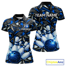 Load image into Gallery viewer, Blue Rhinestone Bowling Shirt for Women Custom Bowling Team Jersey Polo &amp; Quarter-Zip QZT1003