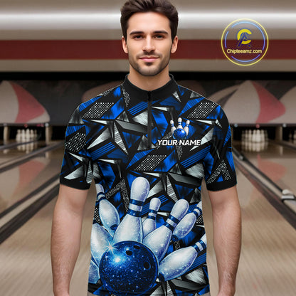 Blue Rhinestone Bowling Shirt for Men Custom Bowling Team Jersey Polo & Quarter-Zip QZT1003