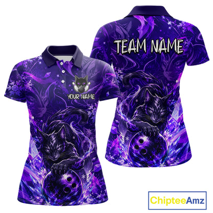 Purple polo shirt with black cat design and customizable text on a white background