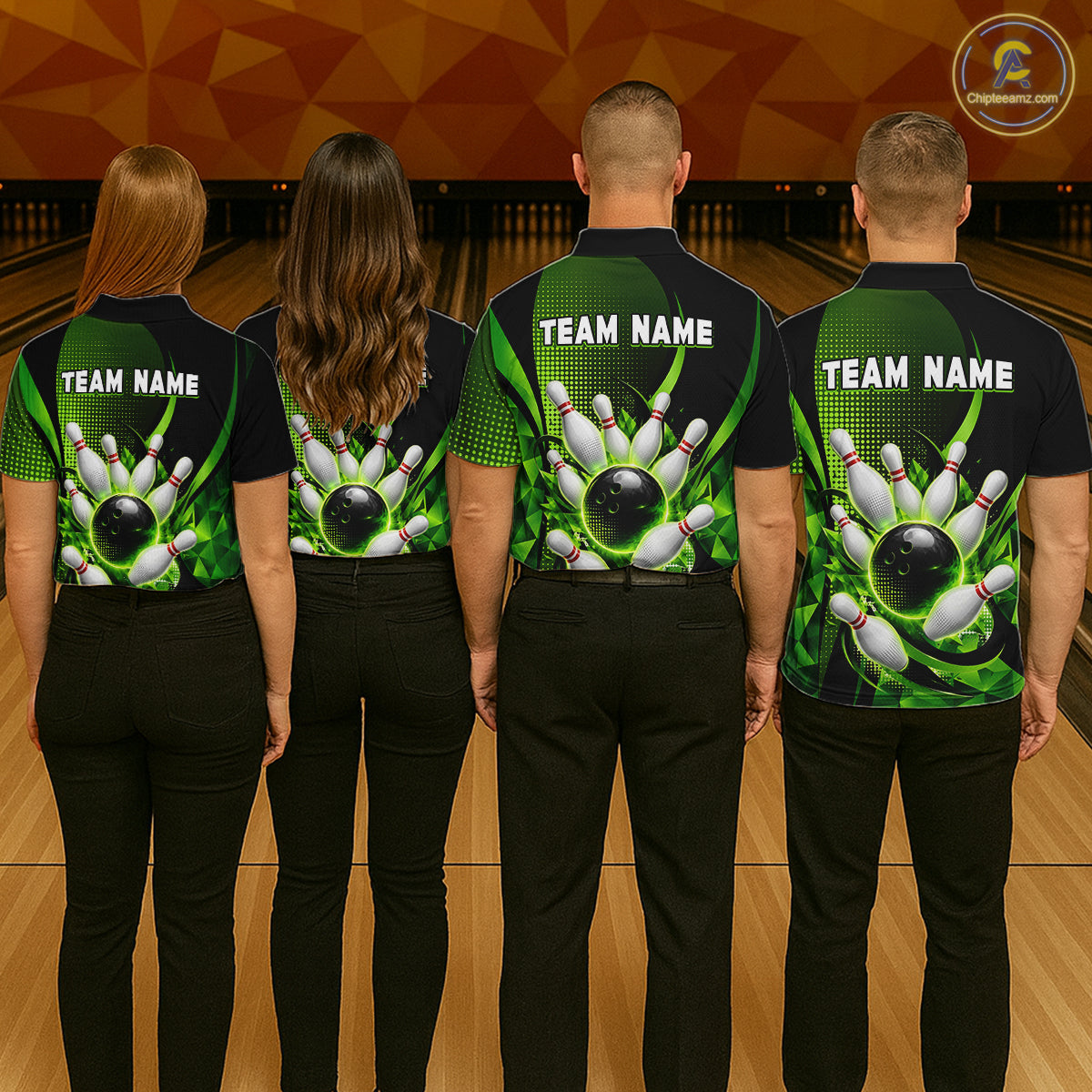 Four people wearing bowling team shirts with a green and black design on a bowling alley.