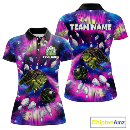 Colorful bowling-themed polo shirts with turtles and bowling pins, featuring customizable text and Chiptee Amz branding.