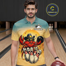 Load image into Gallery viewer, Man wearing a colorful t-shirt with a crab bowling design in a bowling alley.