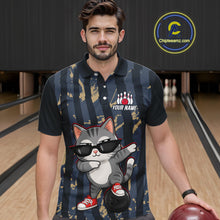 Load image into Gallery viewer, Man wearing a bowling-themed shirt with a cat design in a bowling alley.
