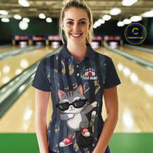 Load image into Gallery viewer, Woman wearing a bowling shirt with a cat design in a bowling alley.