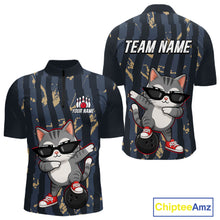Load image into Gallery viewer, Bowlling shirt with cartoon cat design and customizable text on a white background