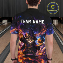 Load image into Gallery viewer, Person wearing a black bowling shirt with a cat wizard design and 'TEAM NAME' text in a bowling alley.
