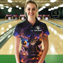 Load image into Gallery viewer, Person wearing a colorful bowling shirt with a cat design in a bowling alley.