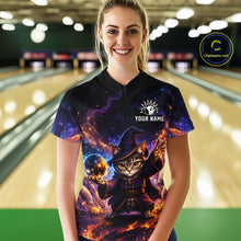 Load image into Gallery viewer, Person wearing a colorful bowling shirt with a cat design in a bowling alley.