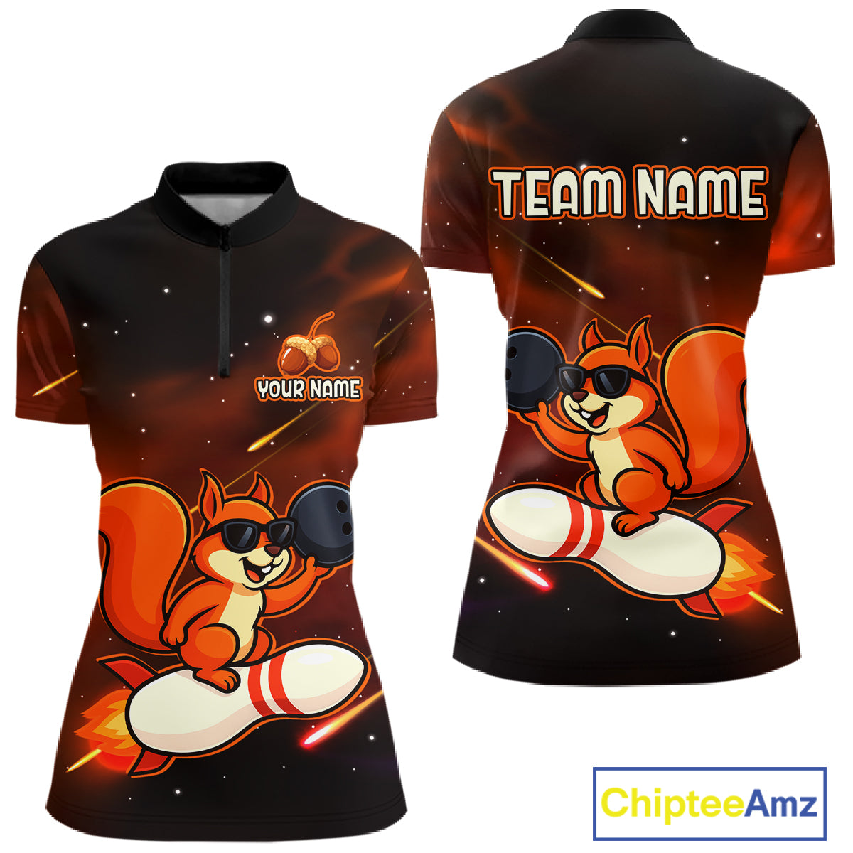 Orange & Black Funny Squirrel Bowling Shirt for Women Bowling League Jersey Polo & Quarter-Zip QZT879