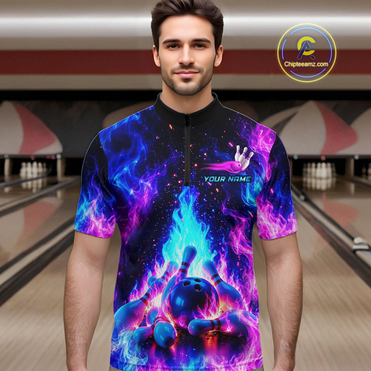 Man wearing a colorful bowling shirt with a design and 'Your Name' text in a bowling alley.