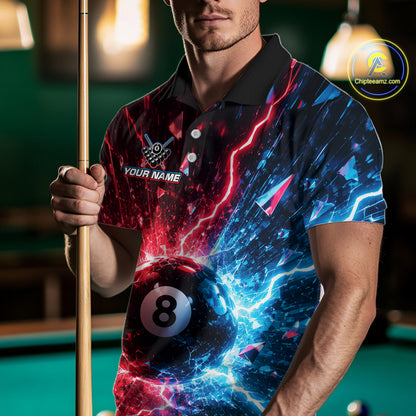 Man wearing a colorful polo shirt with a pool ball design, holding a pool cue on a pool table.