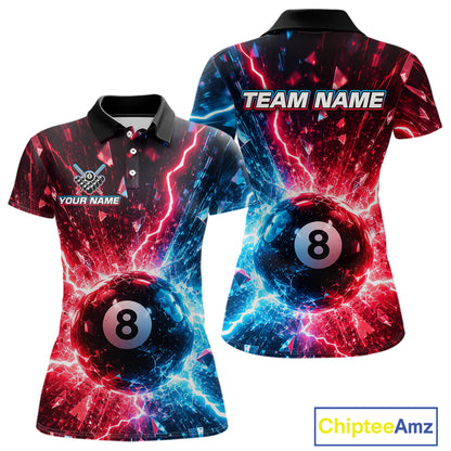 Two views of polo shirts with 8-ball design and customizable text on a white background