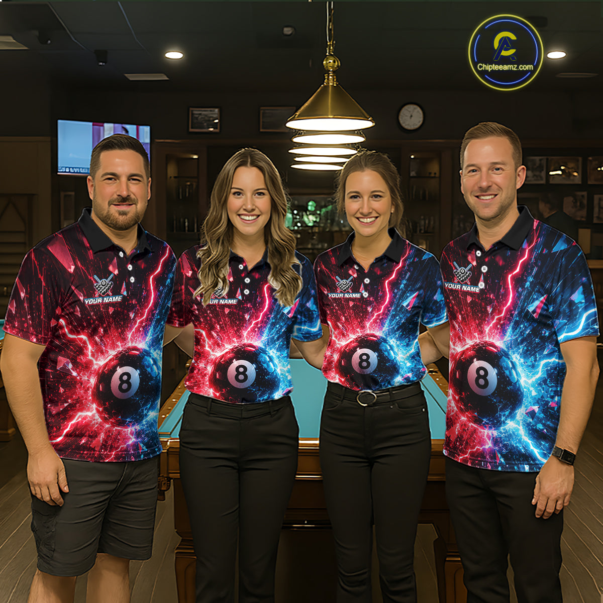 Four people wearing matching billiard shirts with a 8-ball design in a billiard  alley.