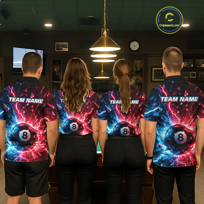 Four people wearing matching team shirts with a pool ball design in a bar setting.