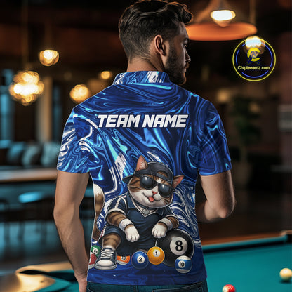 Person wearing a blue marbled billiard shirt with a cat design and 'Team Name' text, standing in a bar.