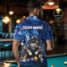 Load image into Gallery viewer, Person wearing a blue marbled billiard shirt with a cat design and 'Team Name' text, standing in a bar.