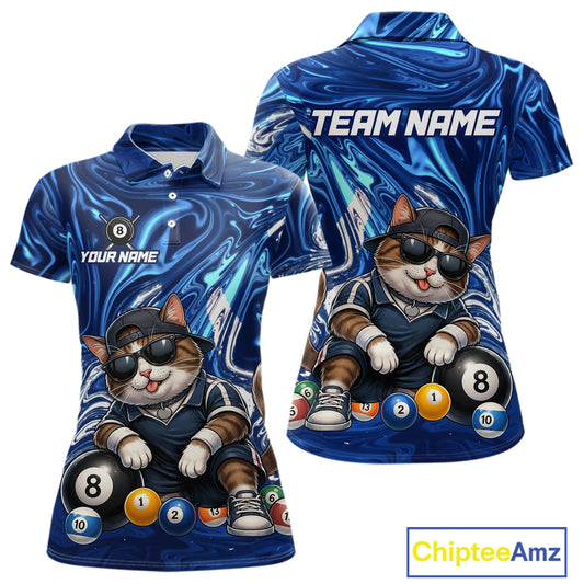 Polo shirt with a cat playing pool design and customizable text on a blue background